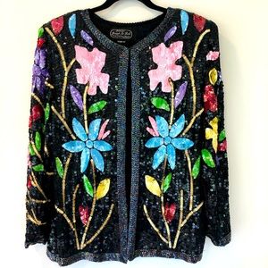 Jean for Joseph Le Bon. Black Sequin Floral Jacket and Skirt. Size L
